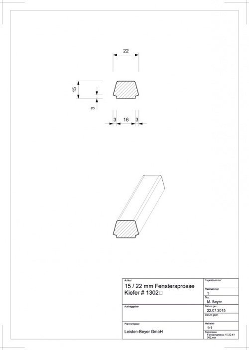 15 mm x 22 mm Altbau Fenstersprosse Kiefer # 1302