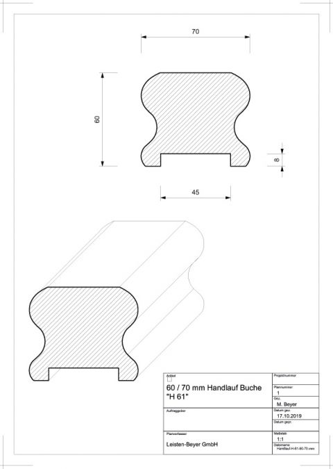 60 mm x 70 mm Handlauf Buche H 61