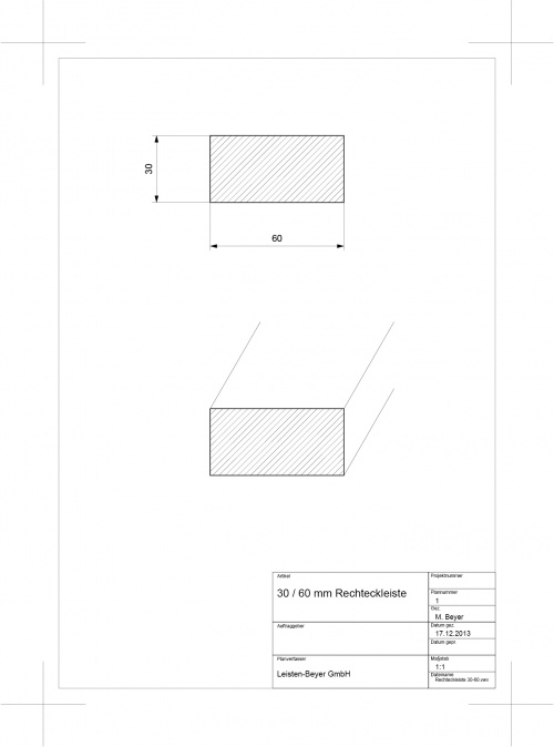 30 mm x 60 mm Rechteckleiste Buche