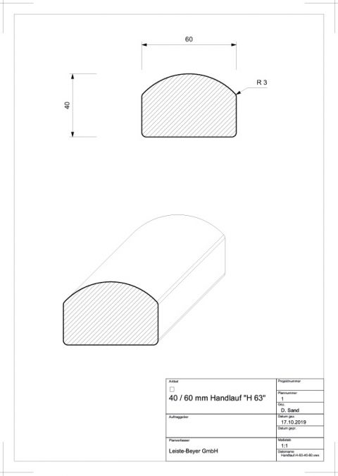 40 mm x 60 mm Handlauf Buche H 63